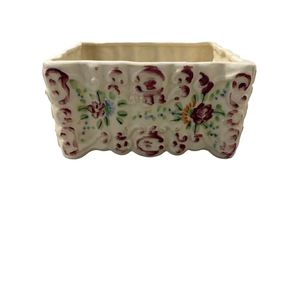 VTG Made in‎ Japan Floral Ceramic Planter Scalloped Rectangular Footed Pot
